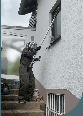 Nest unter dem Dachüberstand, außerhalb der Reichweite von Bewohnern.
